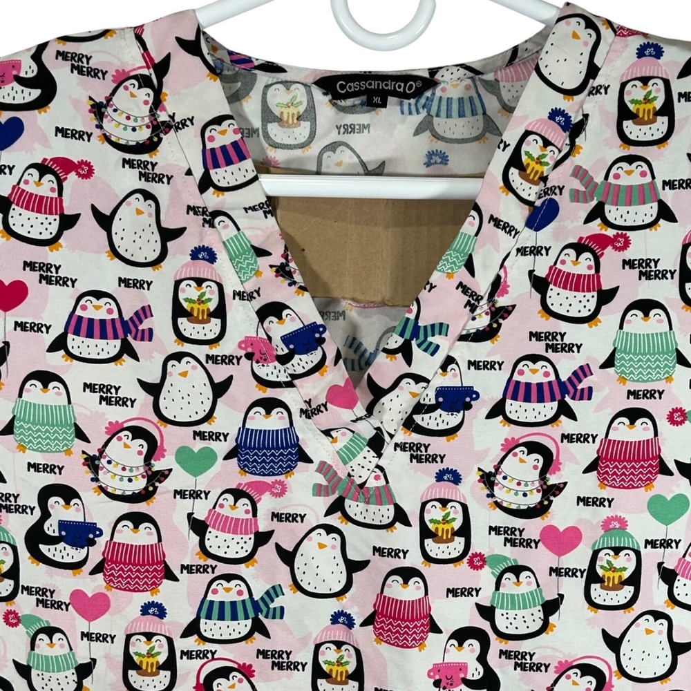 Cassandra O Merry Penguin Christmas Scrub Top Size XL Pink Holiday V-Neck